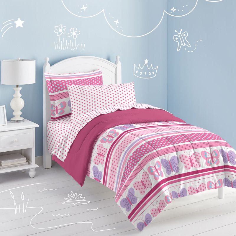 Pink Butterfly Dots Full Comforter Set for Child Bedroom - Microfiber, 7 Pieces