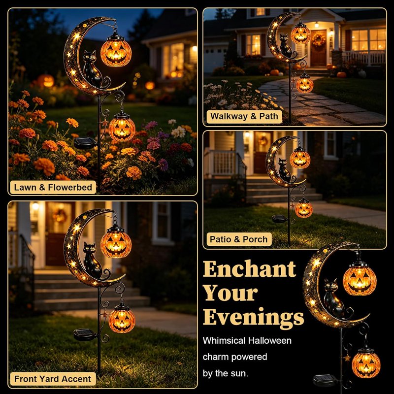 Solar Black Cat & Pumpkin Moon Garden Stake Light - Waterproof Halloween Yard Decor - Variation C