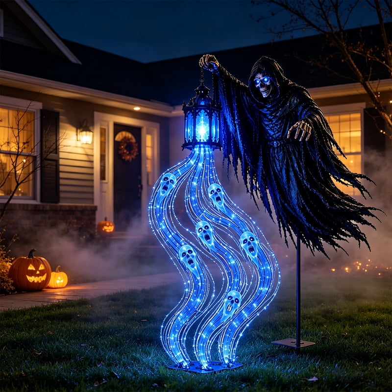 Battery-Powered Halloween Soul Harvester Garden Light with Blue LED, Spooky Reaper Yard Stake