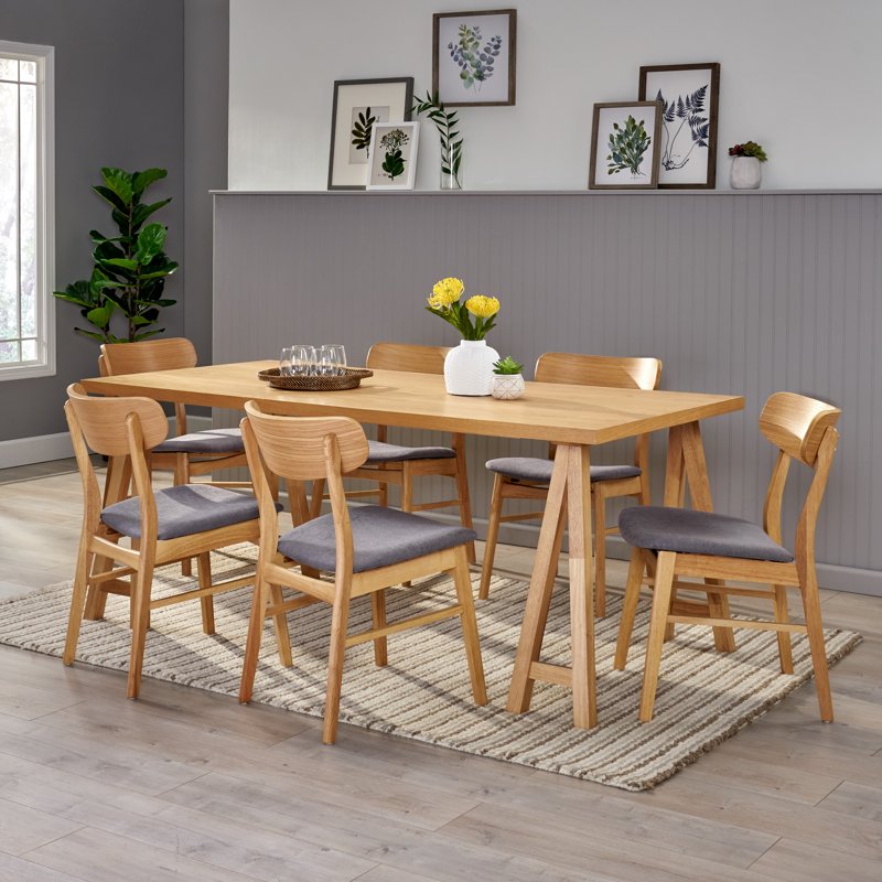 Mid-Century Modern 7 Piece Dining Set - Dark Gray & Natural Oak