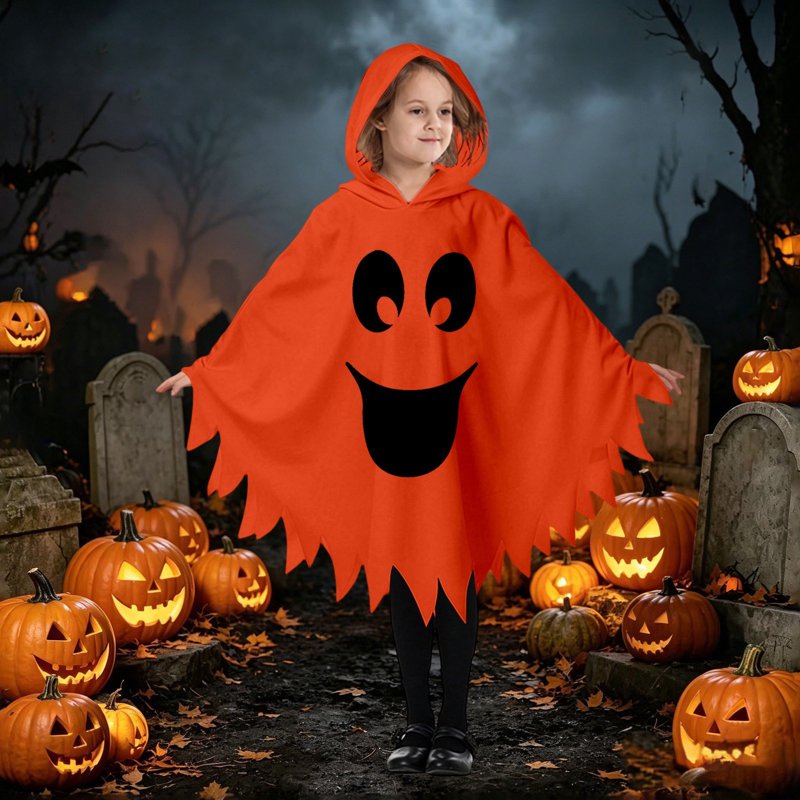 Kids Halloween Ghostface Cape Costume - Unisex Hooded Dress Up - Orange, 7-9 Years