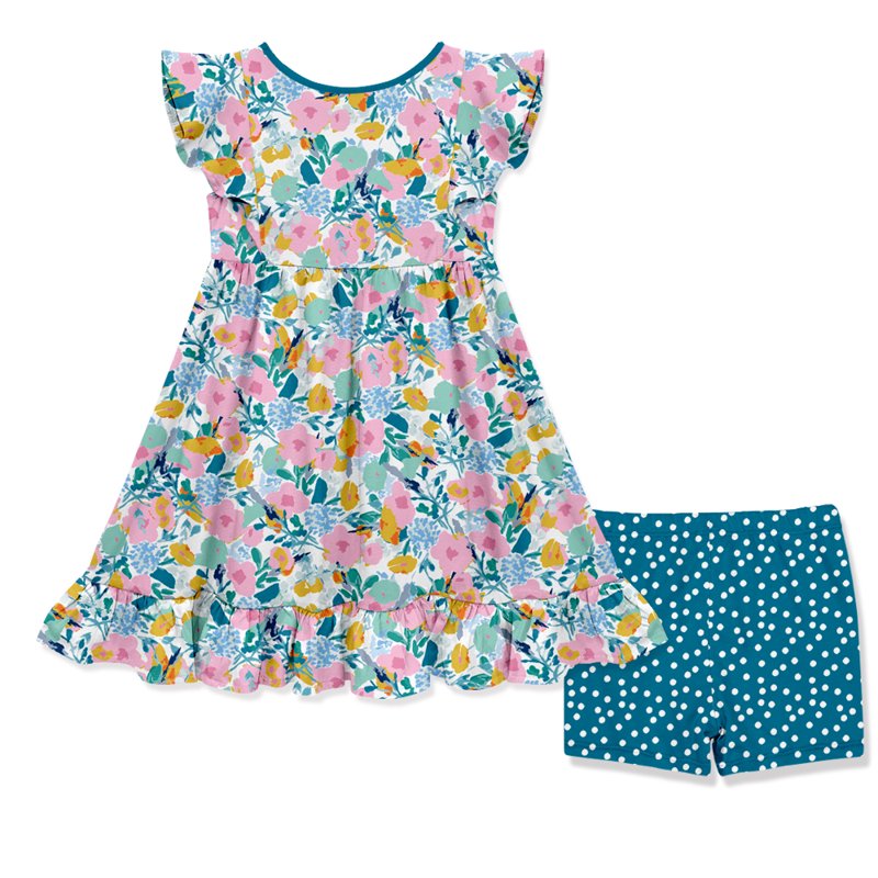 Girls Turquoise Filigree Floral Angel Sleeve Dress & Matching Shorts Set - Size 3T-12 Plus, 10/12+ Variation