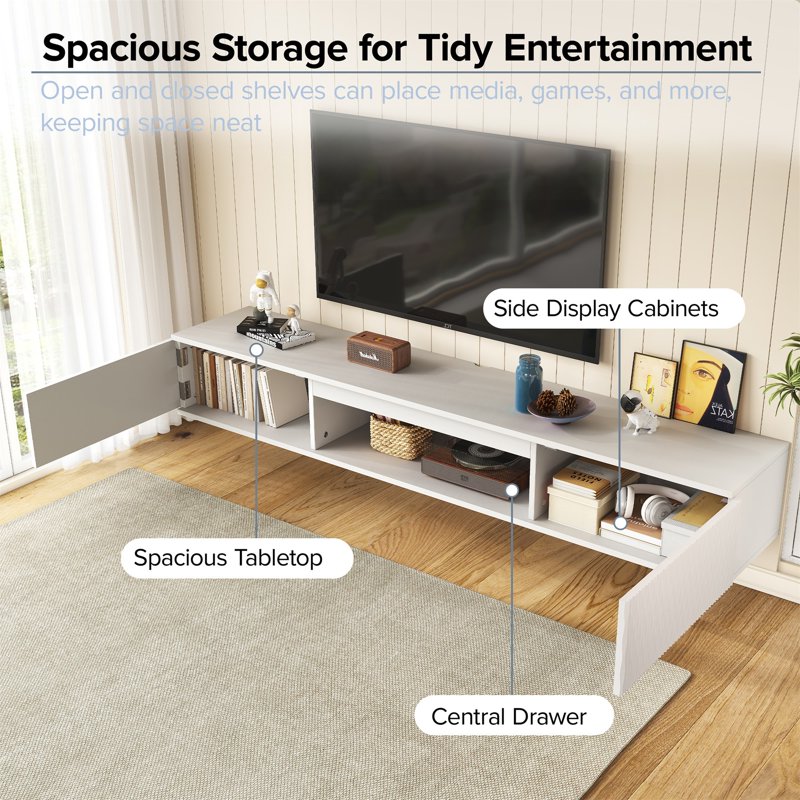 Modern LED Wall-Mounted TV Stand with Carved Surface - White