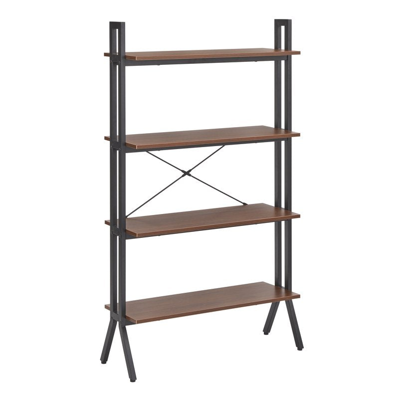 4-Tier Walnut Finish Bookshelf with Metal Frame for Home Office