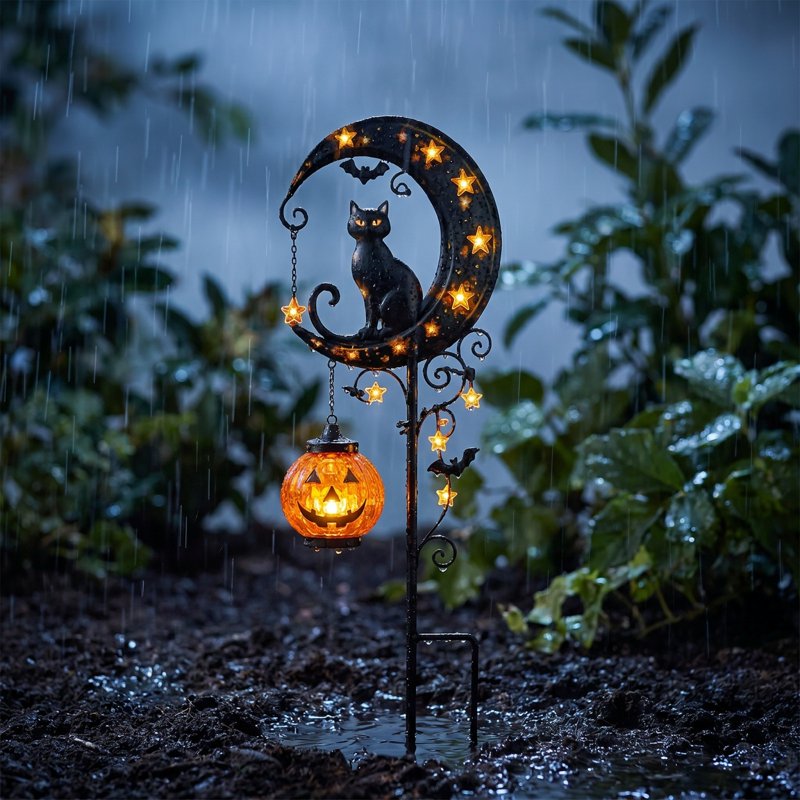 Halloween Solar Garden Stake Light with Metal Moon, Black Cat & LED Pumpkin - Variation A