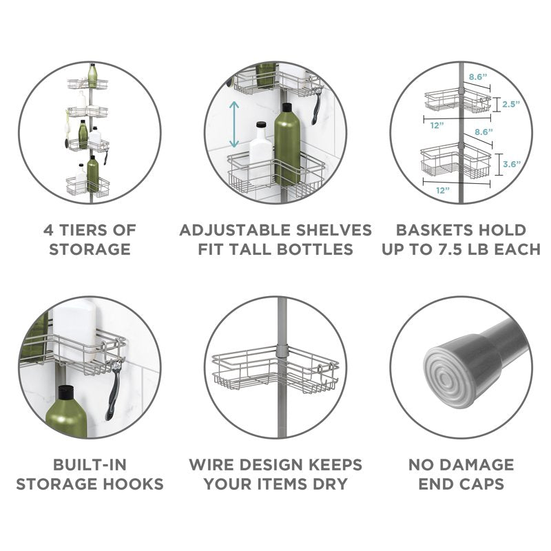 Satin Nickel Tension Shower Caddy with 4 Shelves, Adjustable Corner Organizer
