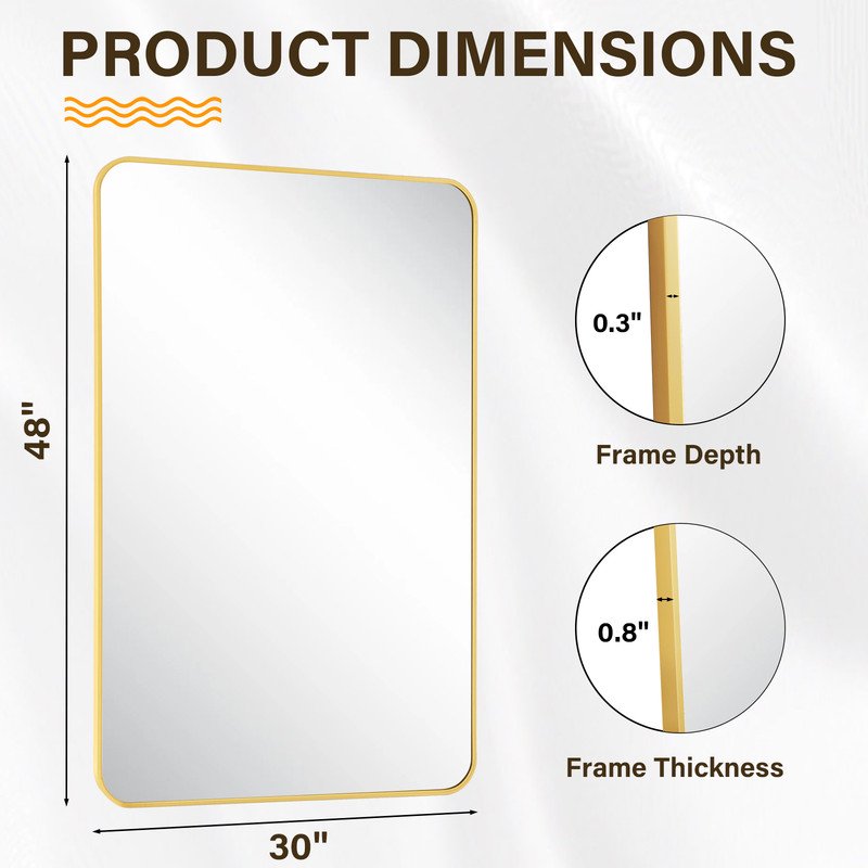 48x30 Inch Rectangular Bathroom Mirror - Gold Wall Mount with Rounded Corners