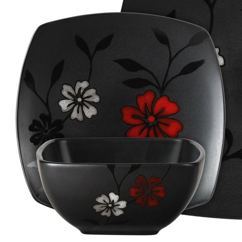 16-Piece Evening Blossom Dinnerware Set - Black Stoneware