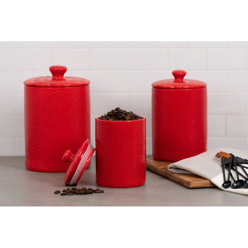 Diamond 3-Piece Canister Set - Red with Bamboo Lids