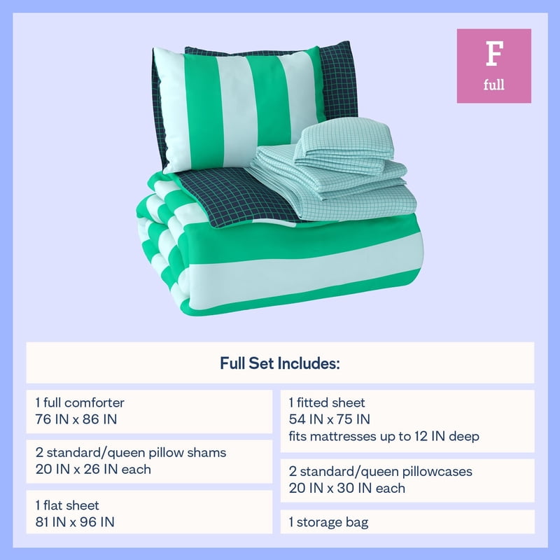 Kids Reversible Comforter Set with Sheets - Green & Blue Stripe, Full