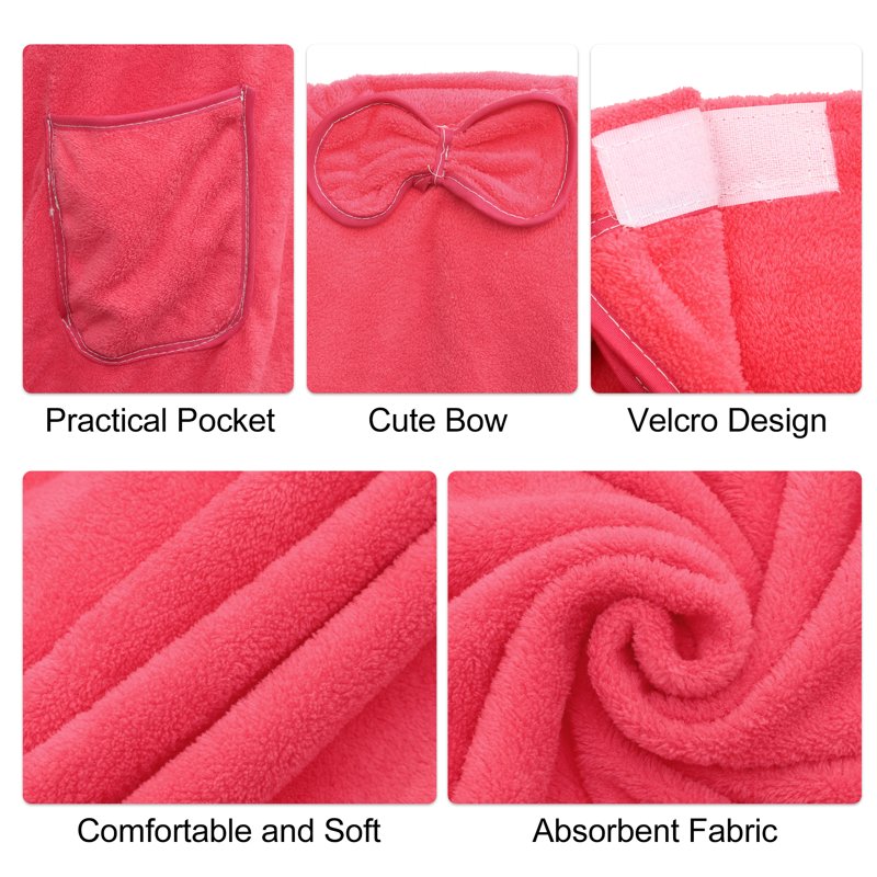 Women's Bath Wrap Towel with Pocket and Adjustable Closure - Rose Red
