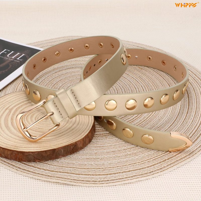 Women's Leather Belt for Jeans & Dresses - Gold, Fits 32-36 Inches - Studded PU Belt