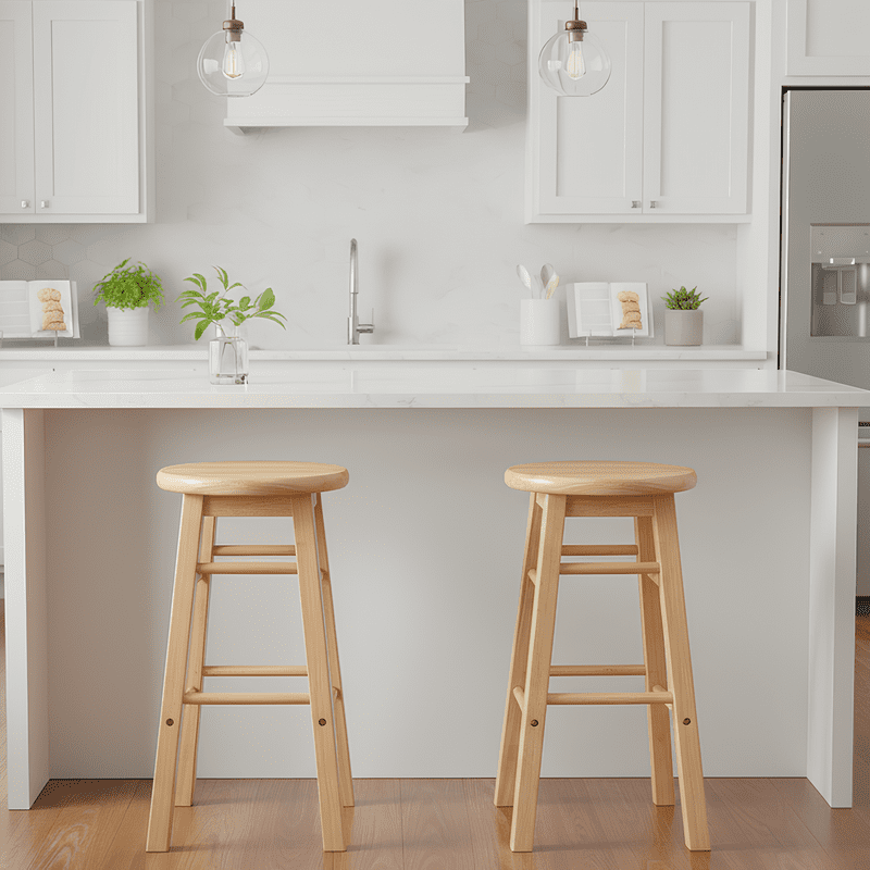 Backless Counter Stools - 24 in Solid Rubberwood, Natural Finish, 2-Pack