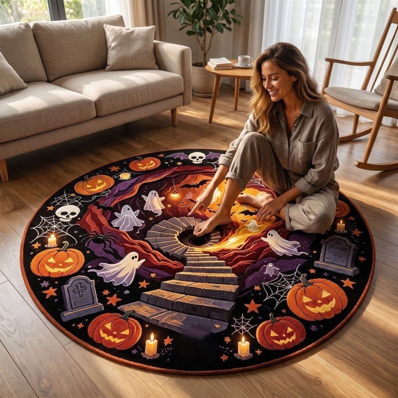 Halloween Optical Illusion Round Rug - Ghost & Haunted Scene A008-1PC