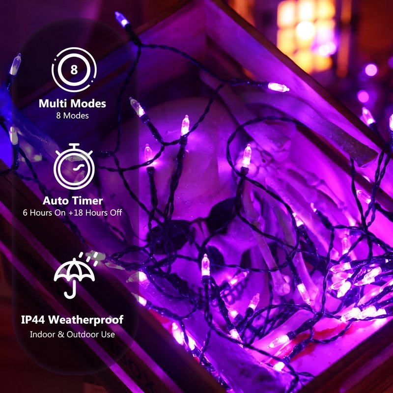 Halloween String Lights 33ft 100 LED Waterproof Battery-Powered Purple