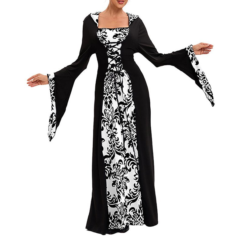 Women Renaissance Medieval Dress with Long Skirt & Double Hemline - White XXXL