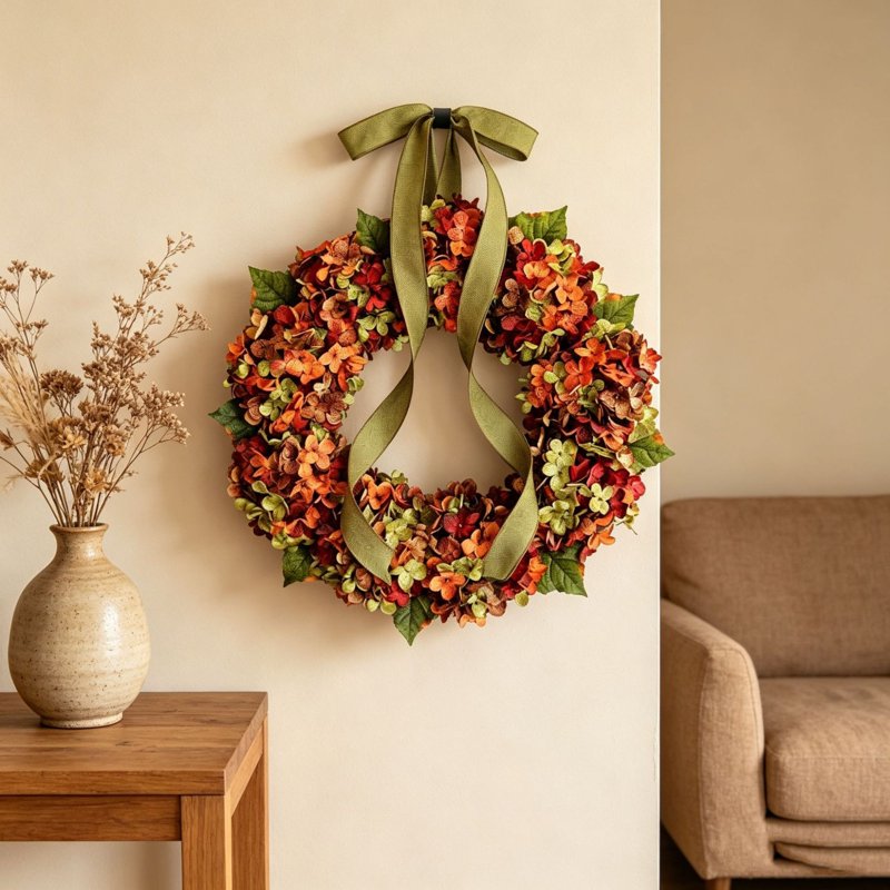 Fall Wreath for Front Door - Large Maple Leaf & Hydrangea Halloween Thanksgiving Decoration F-9