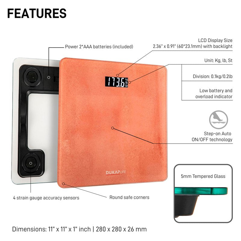 Digital Bathroom Body Weight Scale - Rose Gold Finish, 400lb Capacity - Dukap Life