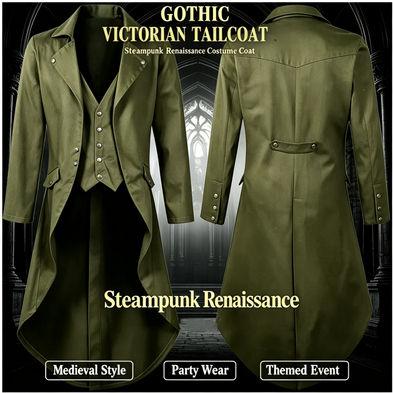 Men's Gothic Steampunk Tailcoat Jacket - Army Green, XXXL Halloween Costume