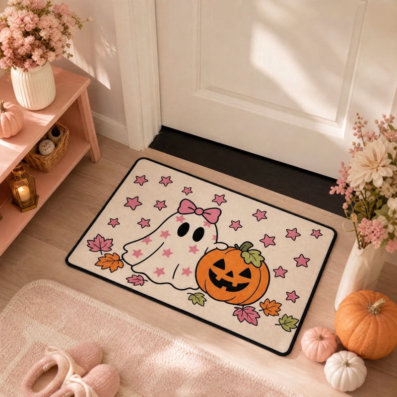 Pink Ghost Halloween Doormat - Cute Welcome Mat with Pumpkins & Stars, Absorbent Diatomite Floor Mat with Rubber Backing, 12_Pink Pumpkin Ghost Mat_L
