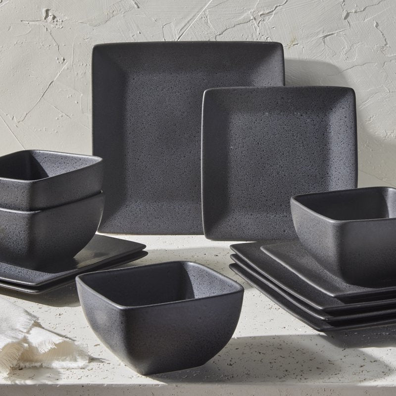 12-Piece Dark Gray Square Stoneware Dinnerware Set - Single