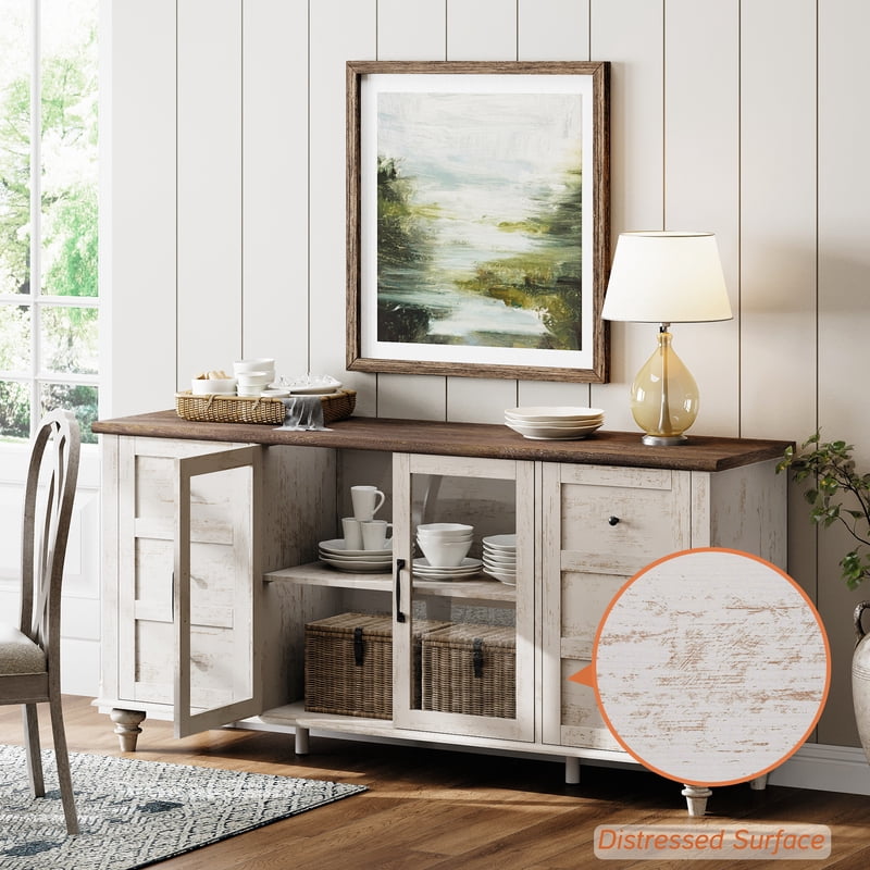 Antique White Glass Door TV Stand for 65-Inch TVs - Farmhouse Style