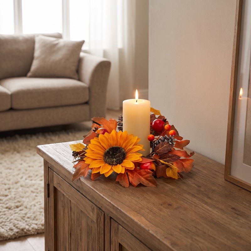 Daghihgewr Fall Sunflower Candle Ring - Rustic Autumn Mini Wreath for Pillar Candles - Variation #5