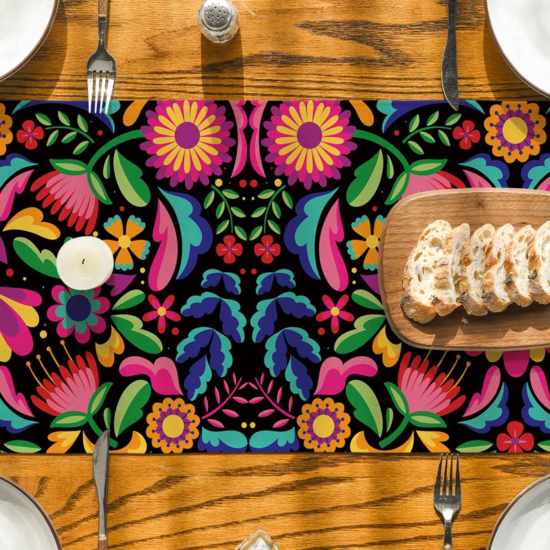 Black Floral Dia De Los Muertos Serape Table Runner - 13x120 Inch, Mexican Fiesta Kitchen Decor - Variation of This Listing 13" x 120" Black 1
