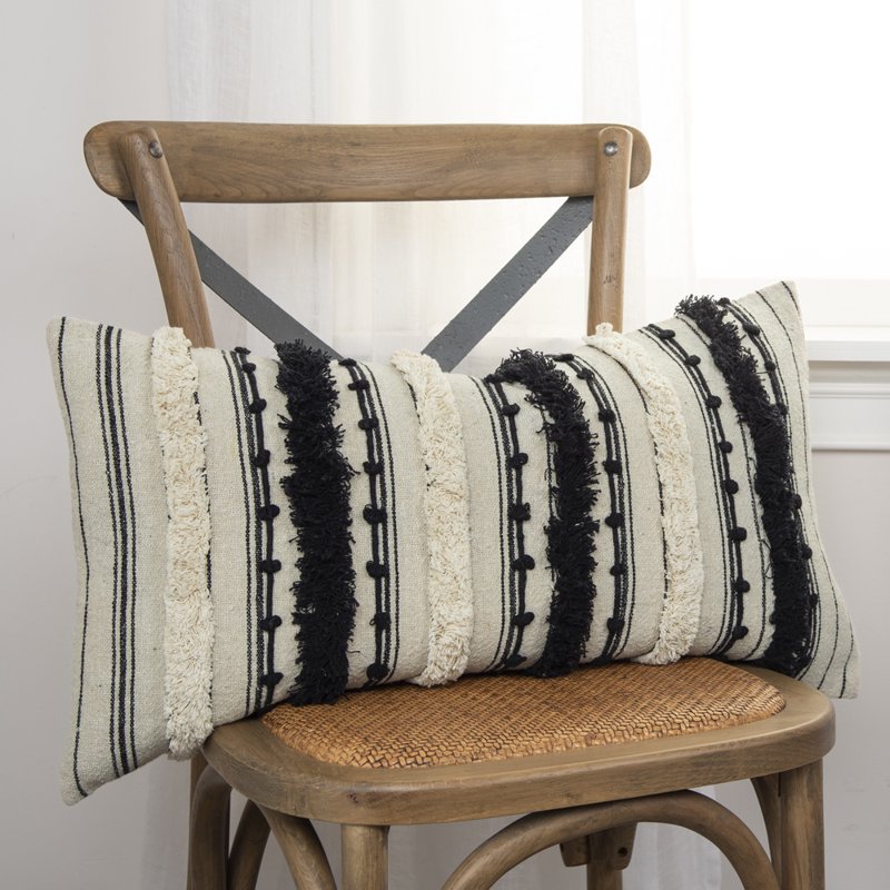 Textured Cotton Throw Pillow - Natural Black 14x26 Inches