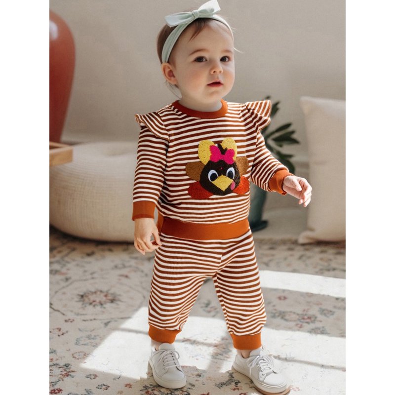 Baby Girl Pants Set with Pumpkin Embroidery & Striped Sweatpants - Style 32, 0-6 Months