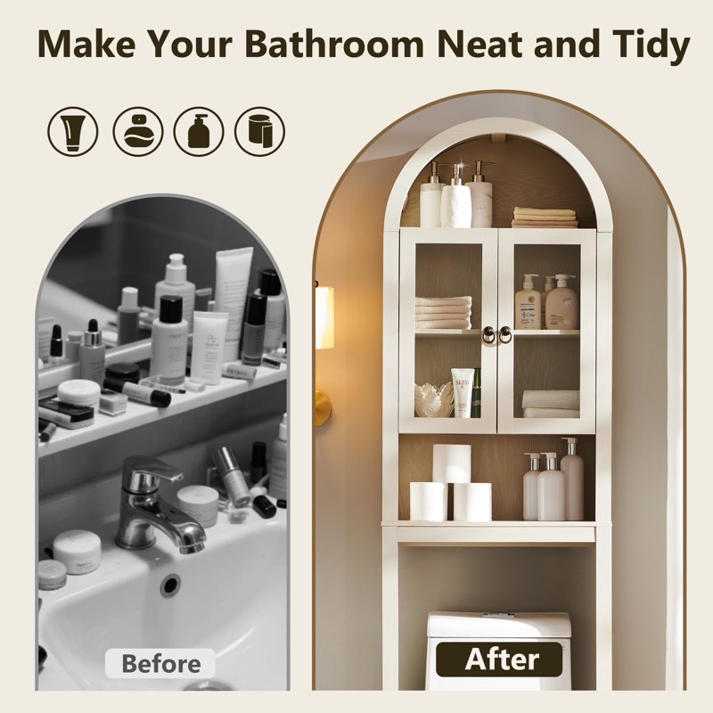 SinCiDo Cream Arched Over Toilet Storage Cabinet Modern Bathroom Shelf with Acrylic Doors