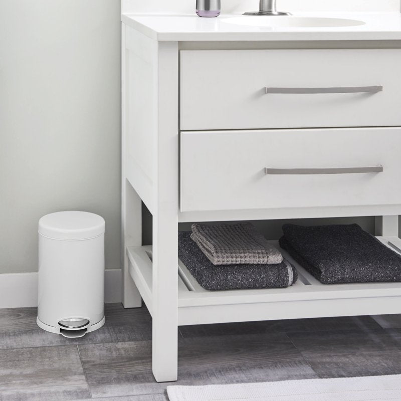 Compact Round Step Trash Can - 4.5L White Steel with Silent Close