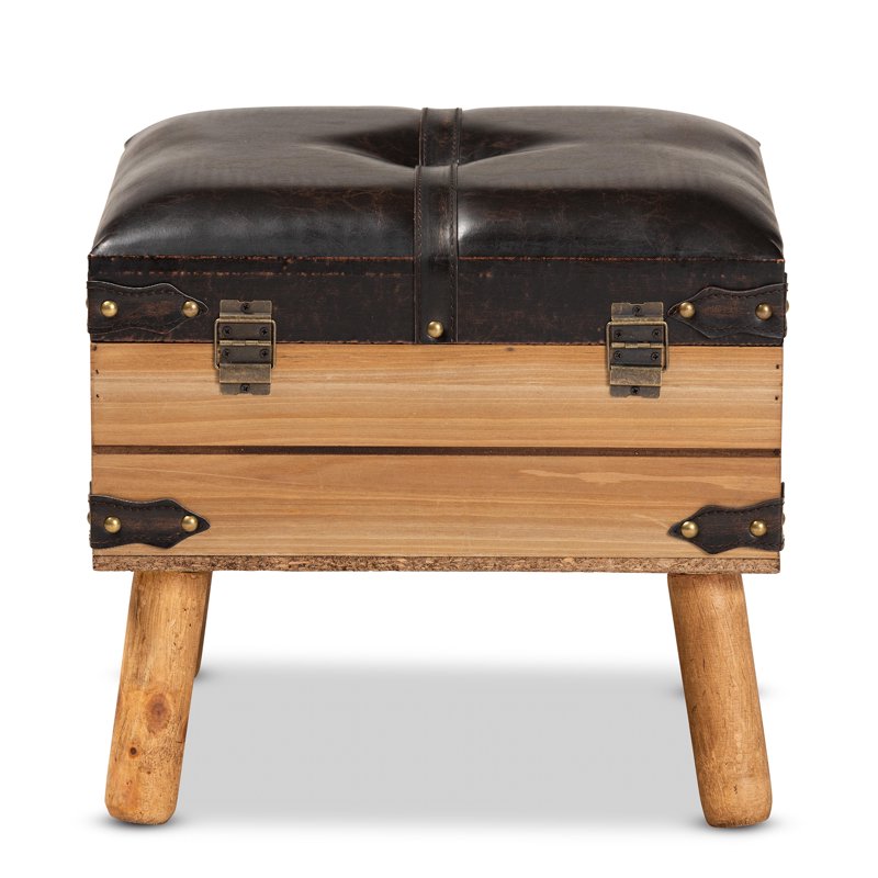 Rustic Dark Brown PU Leather Storage Ottoman with Oak Finish