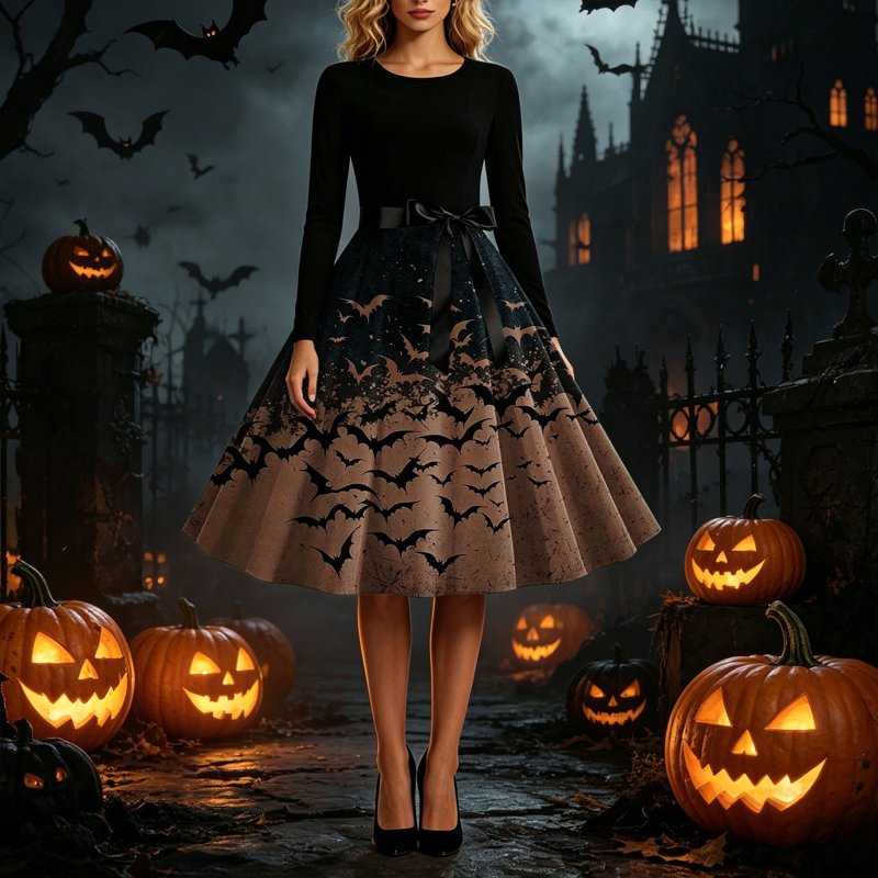 Women's Vintage Halloween Bat Print Swing Dress with Satin Sash - Brown XL