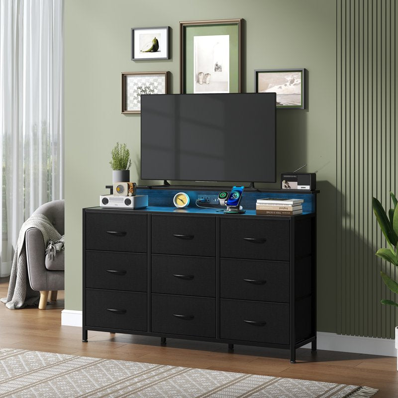 9-Drawer Storage Dresser with LED Lights & Charging Station