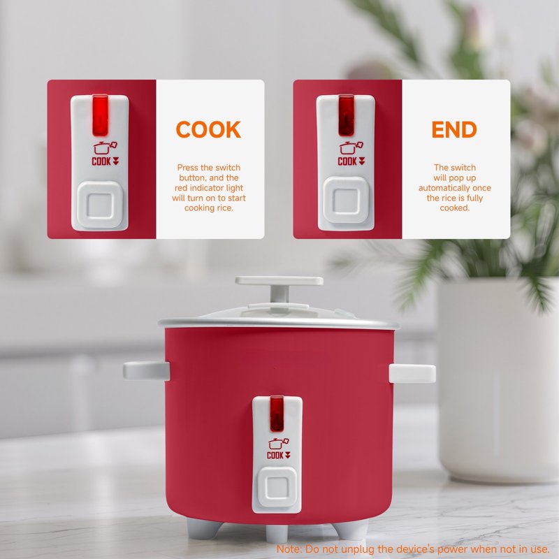 1.5 Quart Mini Rice Cooker - Non-Stick Steamer with Glass Lid - Red A