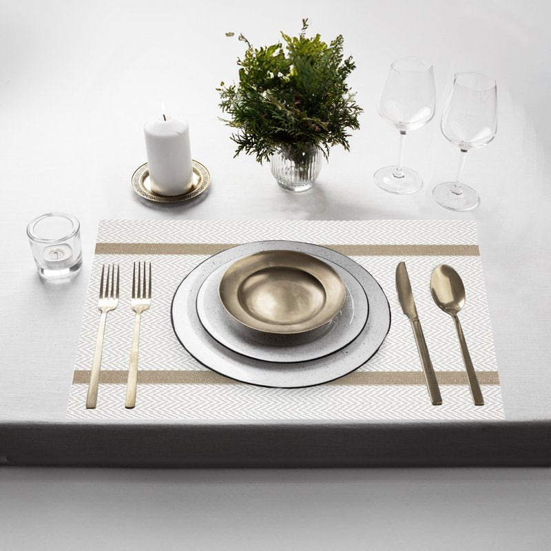 Elegant Set of 6 Placemats - 12x18 in Chevron with Gold Stripe