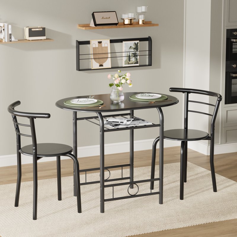 Black 3-Piece Dining Table Set with Space-Saving Chairs