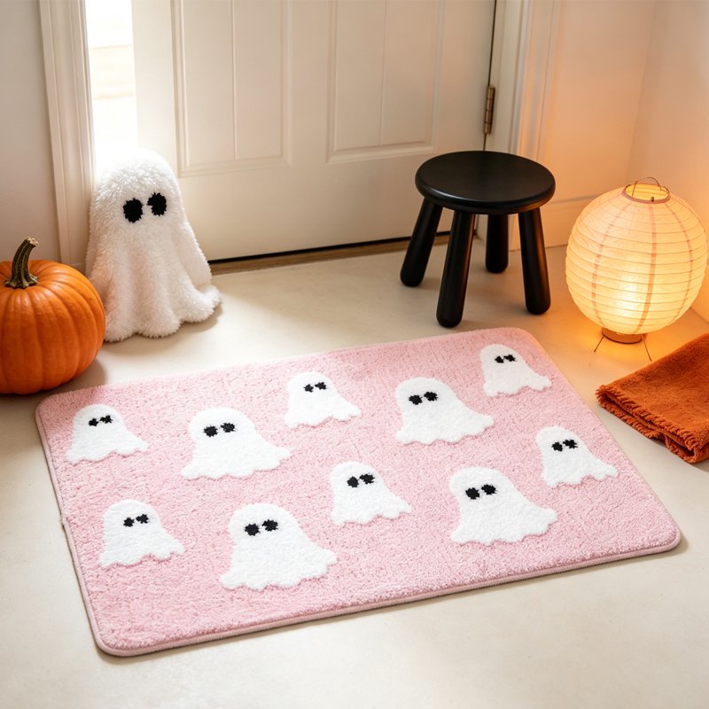Ghost-N Halloween Door Mat 16x24 Inch Non-Slip Pink Ghost Floor Rug for Front Door