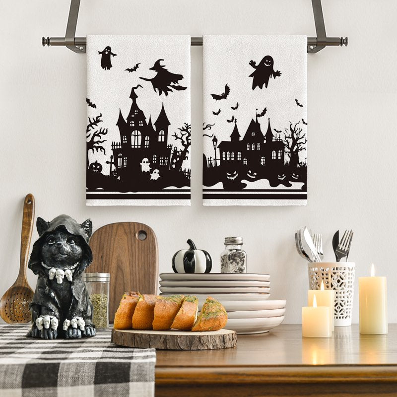 Haunted House Tree Kitchen Towels Set of 2 - Black White Spooky Ghost Witch Halloween 18x26 A