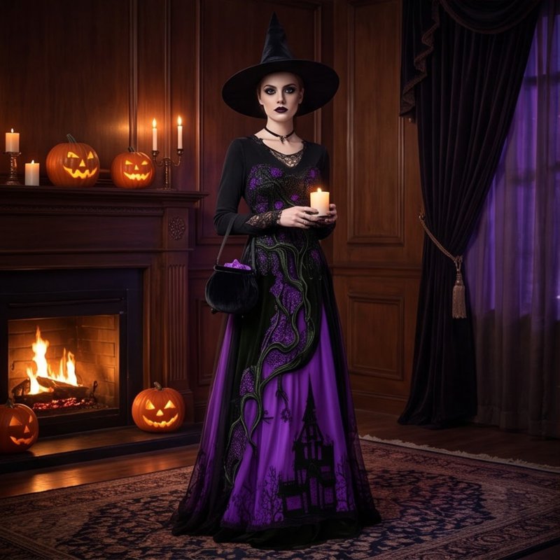 Women's Gothic Halloween Dress - Thorn Pattern Lace Chiffon Maxi Costume - Purple 2XL