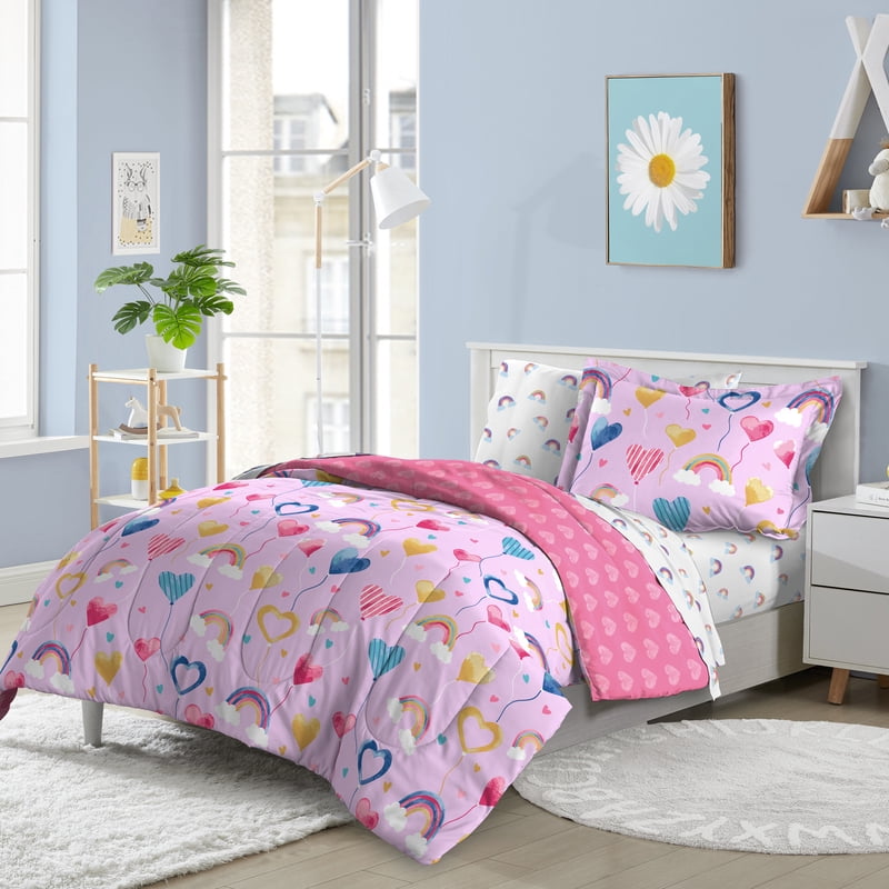 Full Bed-in-a-Bag for Kids - Lilac Balloon Hearts Bedding Set, Microfiber, Child Age 3+