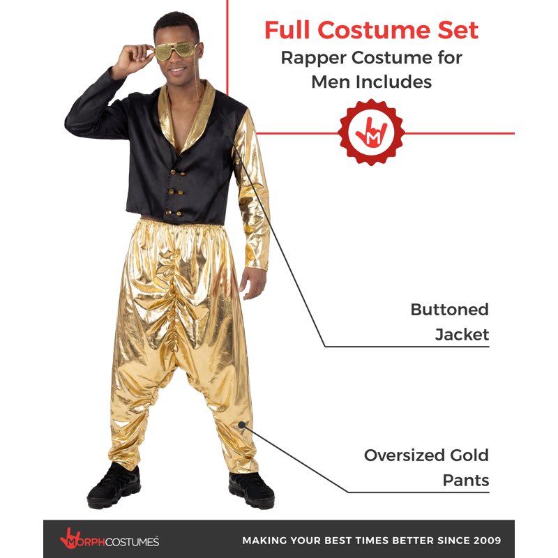 Morph Mens 1990s Gold Rapper Costume XL - Old School MC Fancy Dress Halloween