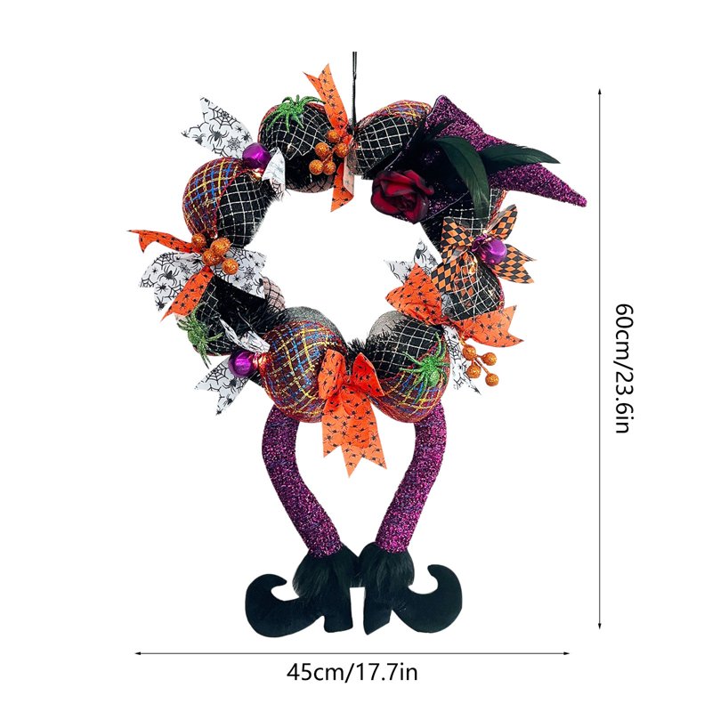 Halloween Front Door Wreath with Witch Hat and Feet - 17.7 Inch Indoor Outdoor Decoration