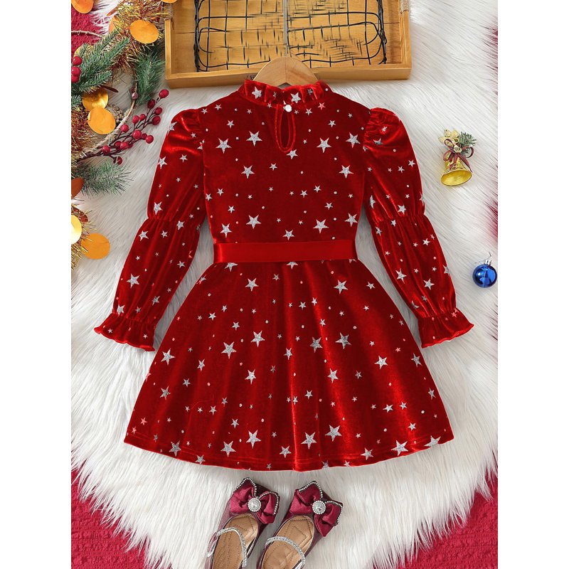 Red Girl Velvet Star Print Dress with Ruffle Hem & Bow Belt - Size 3-4 Years