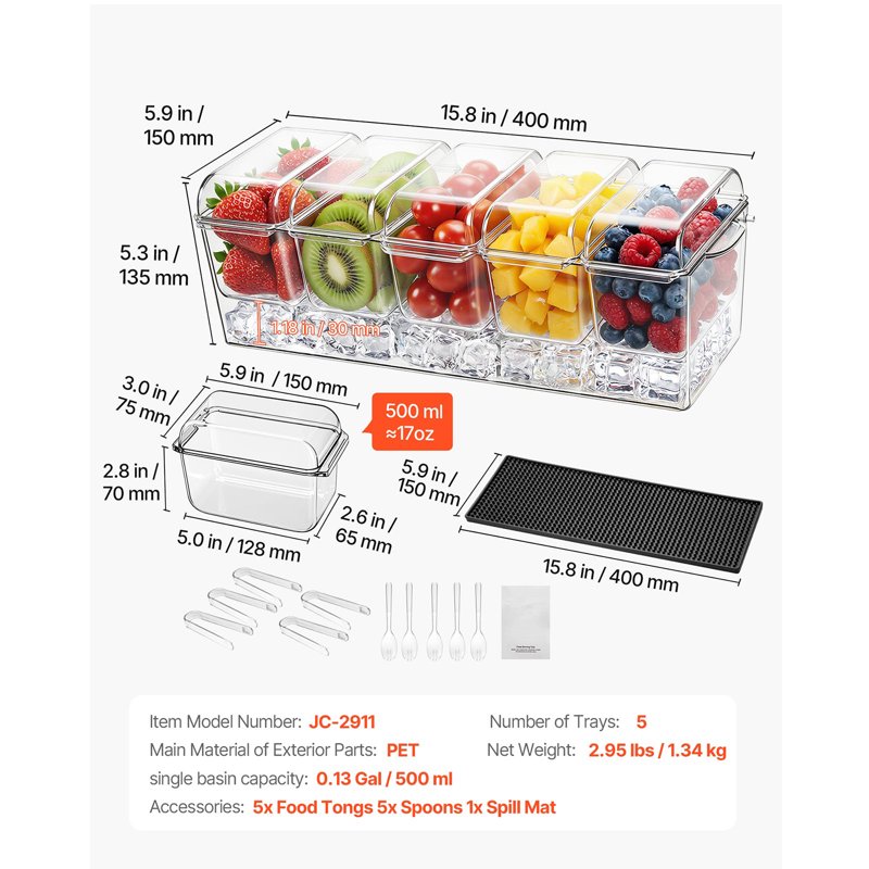 Chilled Condiment Server Caddy with 5 Compartments - Ice-Cooled Serving Tray