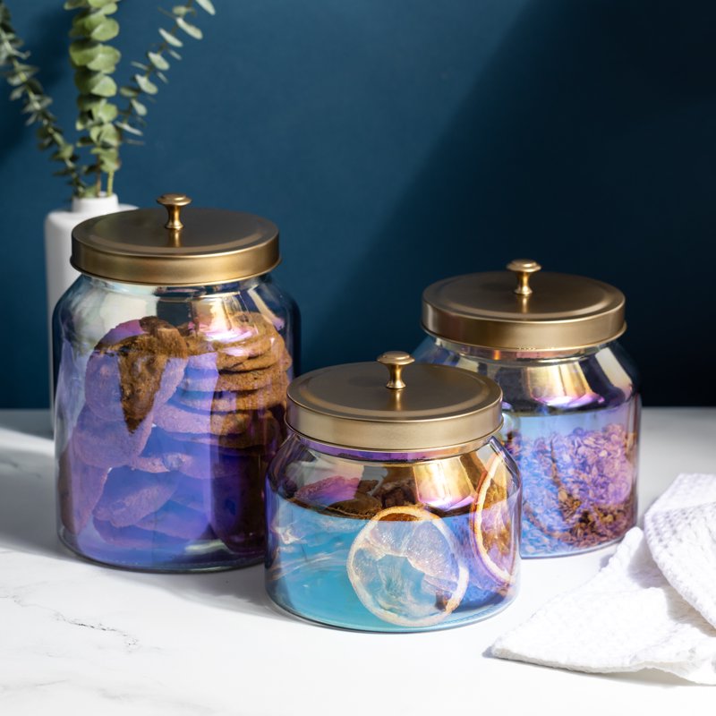 Rainbow 3-Piece Glass Food Storage Jar Set with Gold Lids - Multicolor