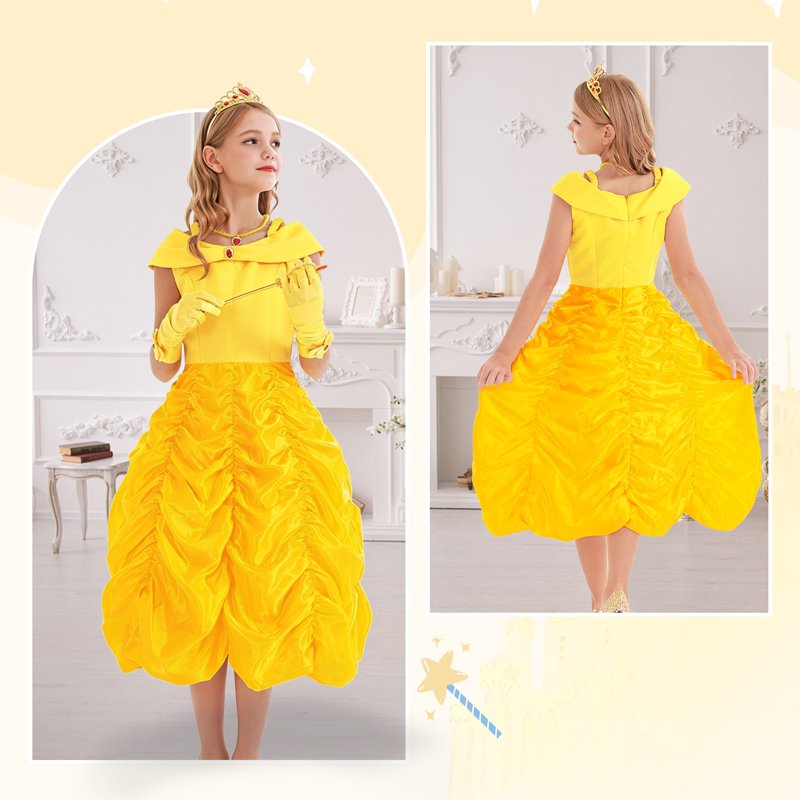 Girls Princess Dress Off Shoulder Costume G010-Yellow 8 (6-7 Years) - Little Girl Halloween Birthday Outfit