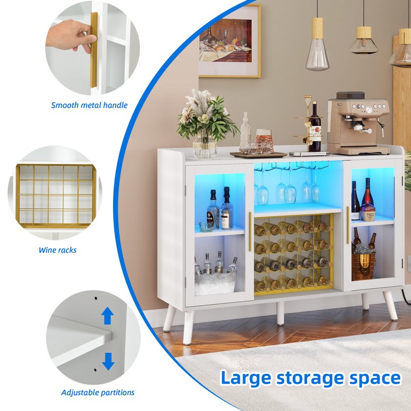 Wine Bar Cabinet with Power Outlet & RGB LED Light - White