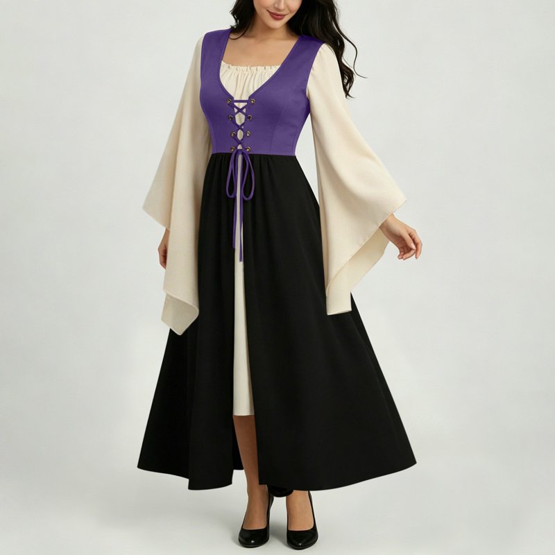 Women's Renaissance Medieval Costume Dress with Bell Sleeves - Purple Halloween Steampunk Dress, Size L